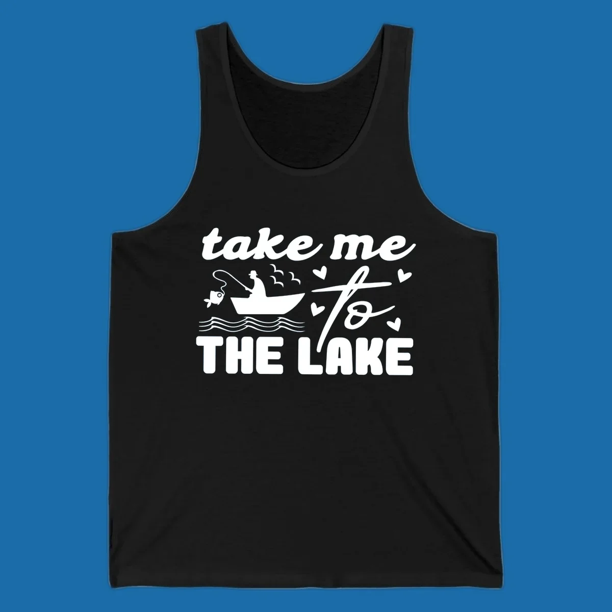 Fishing lake life design with fisherman in boat and text "take me to the lake".