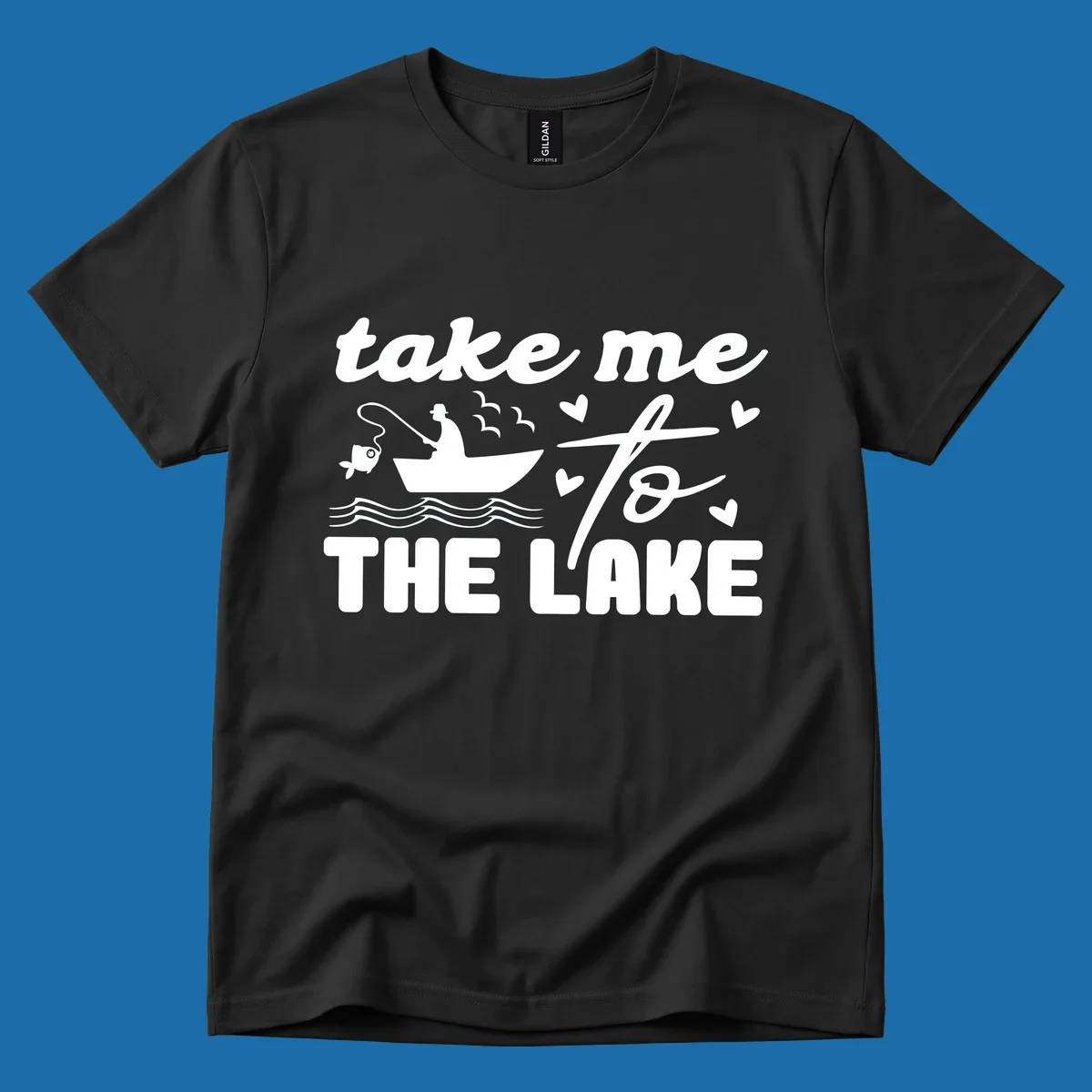 Fishing lake life design with fisherman in boat and text "take me to the lake".