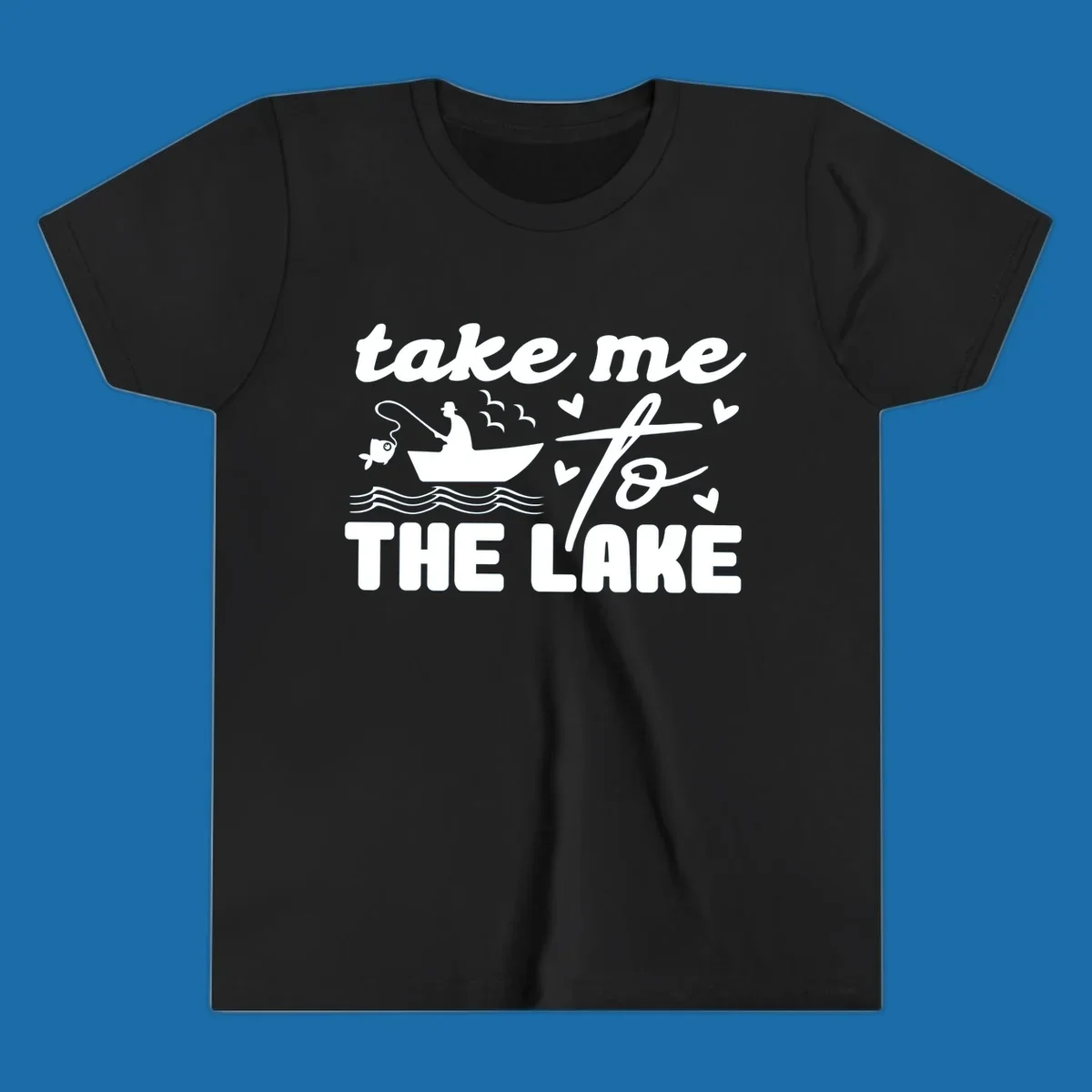 Fishing lake life design with fisherman in boat and text "take me to the lake".