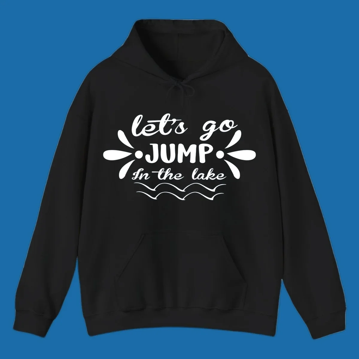 Text design 'Let's Go Jump In The Lake' with wavy water lines, suitable for lake day tees.