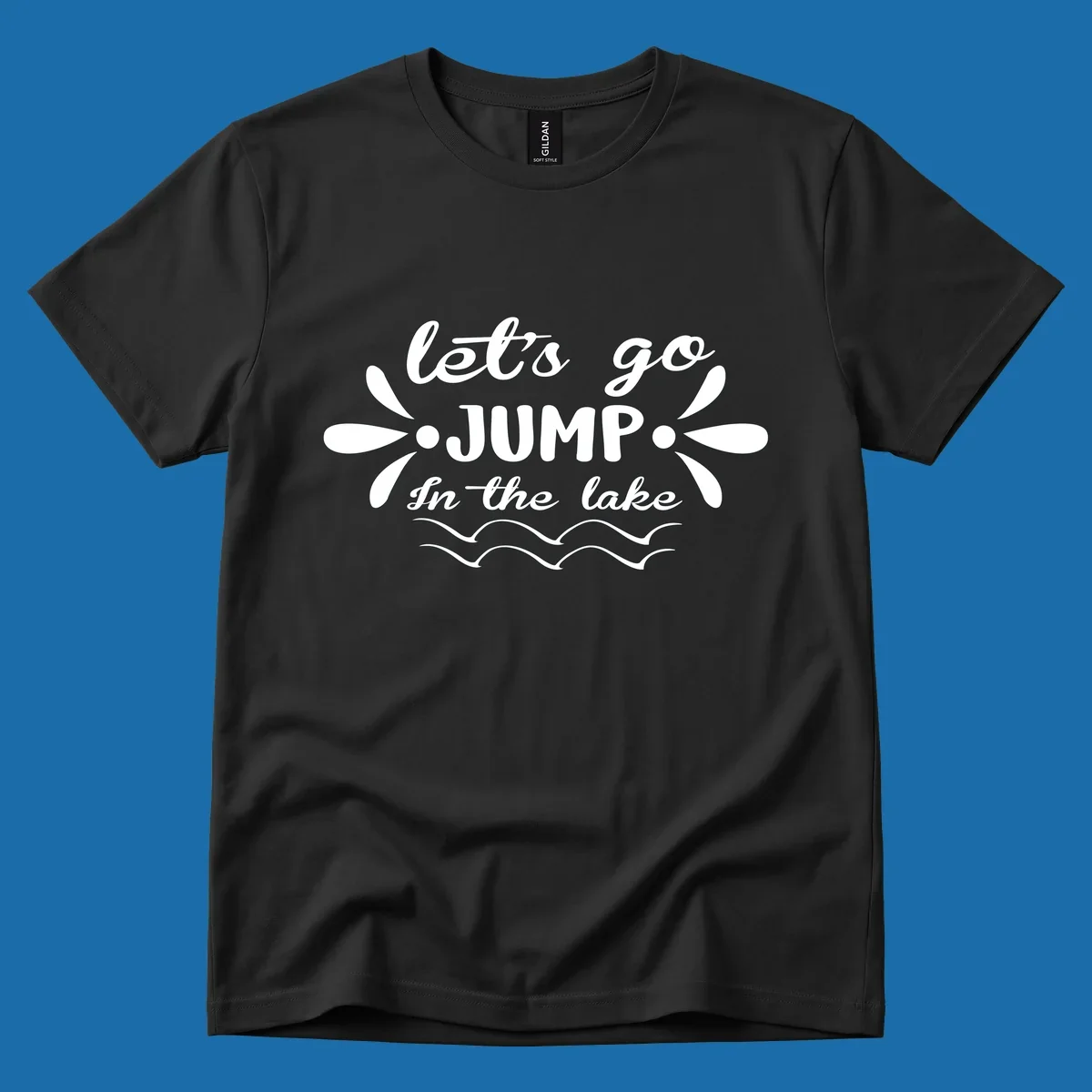 Text design 'Let's Go Jump In The Lake' with wavy water lines, suitable for lake day tees.