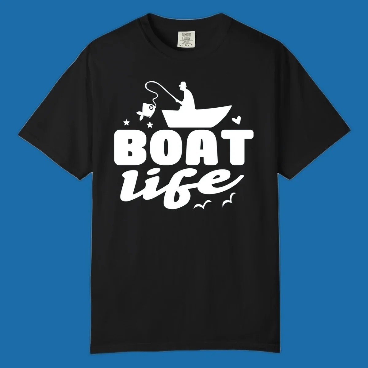 Boat life fishing design with fisherman, boat, fish, stars, heart, and birds.