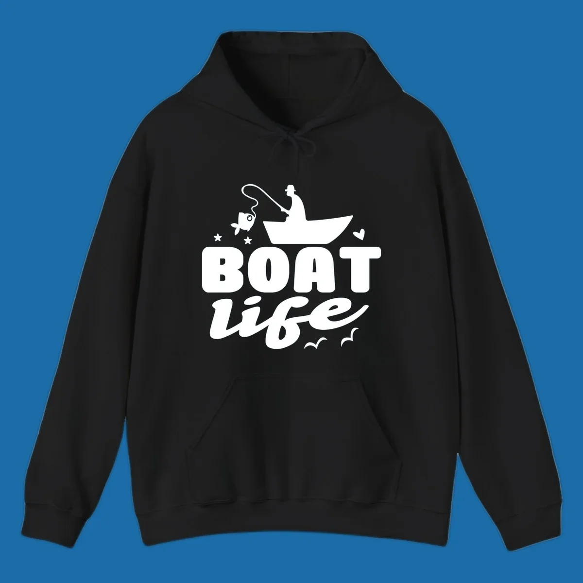 Boat life fishing design with fisherman, boat, fish, stars, heart, and birds.