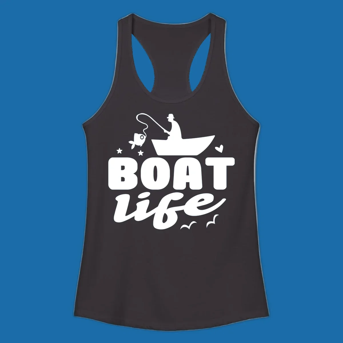 Boat life fishing design with fisherman, boat, fish, stars, heart, and birds.