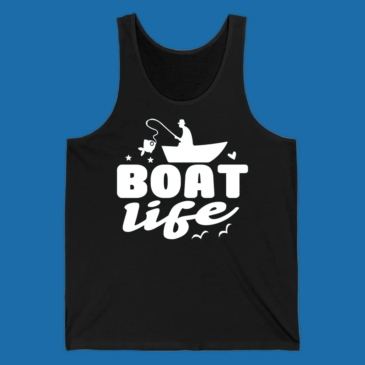 Boat life fishing design with fisherman, boat, fish, stars, heart, and birds.
