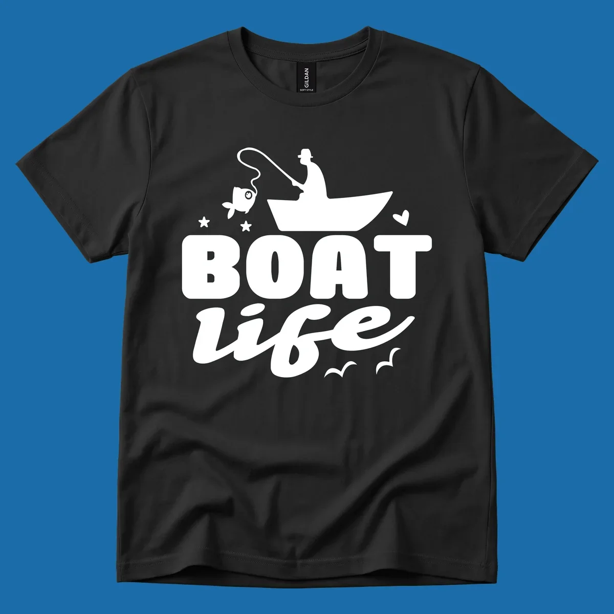 Boat life fishing design with fisherman, boat, fish, stars, heart, and birds.