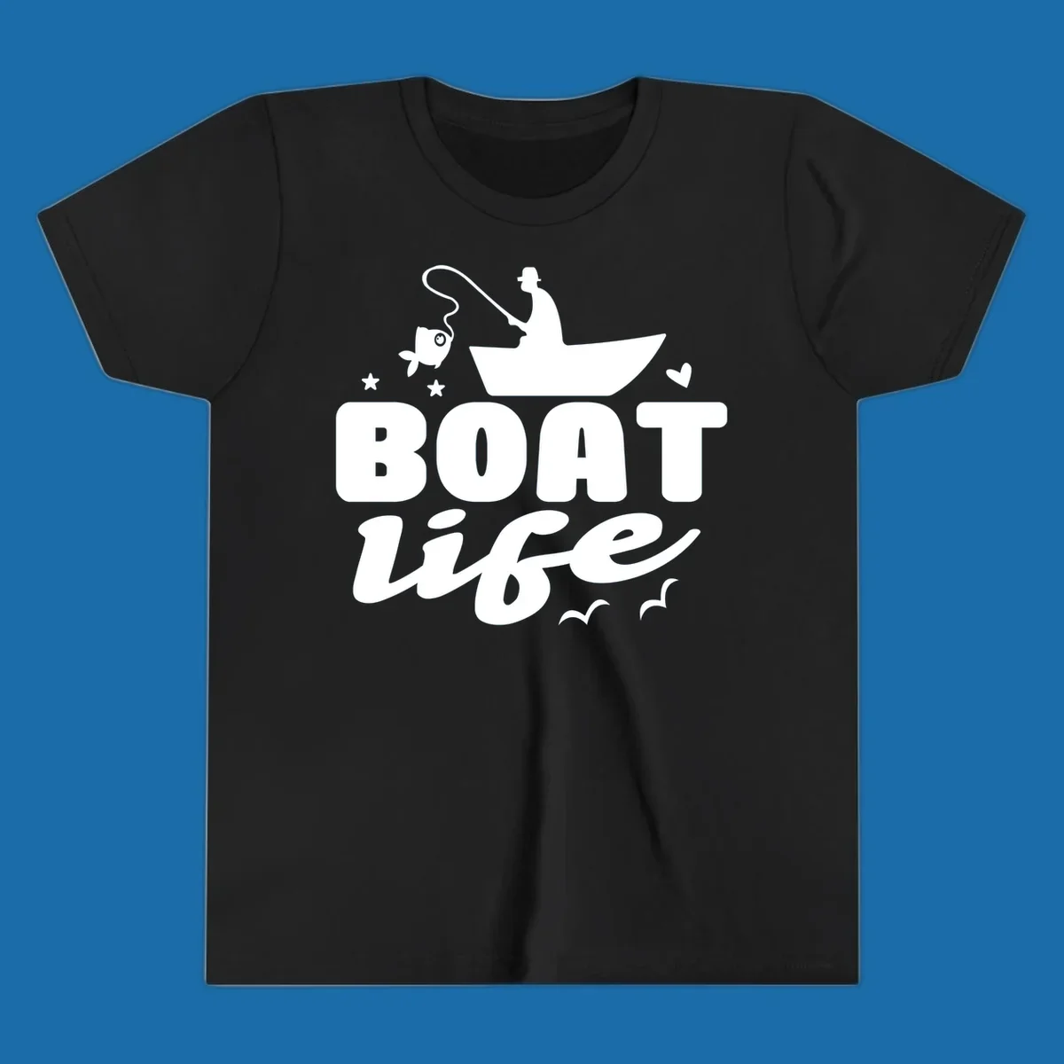 Boat life fishing design with fisherman, boat, fish, stars, heart, and birds.