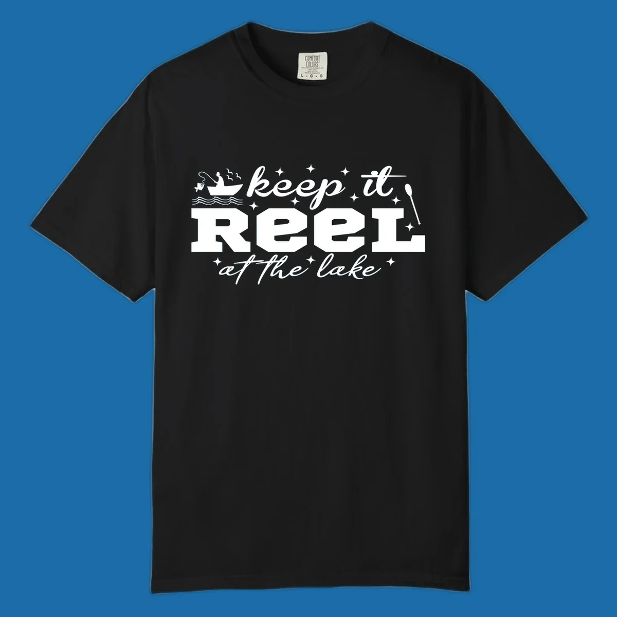 Keep it reel at the lake fishing design with boat and fisherman