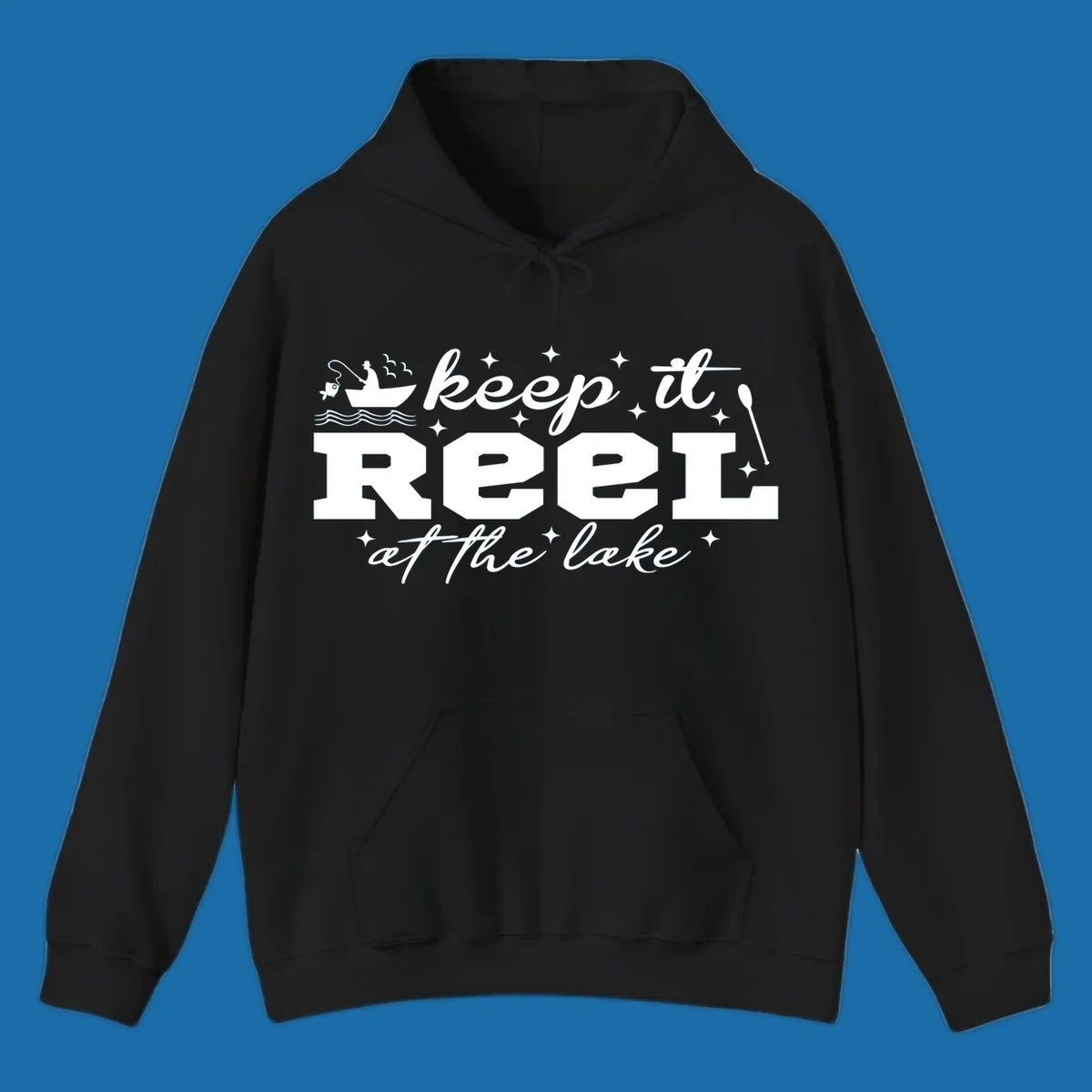 Keep it reel at the lake fishing design with boat and fisherman
