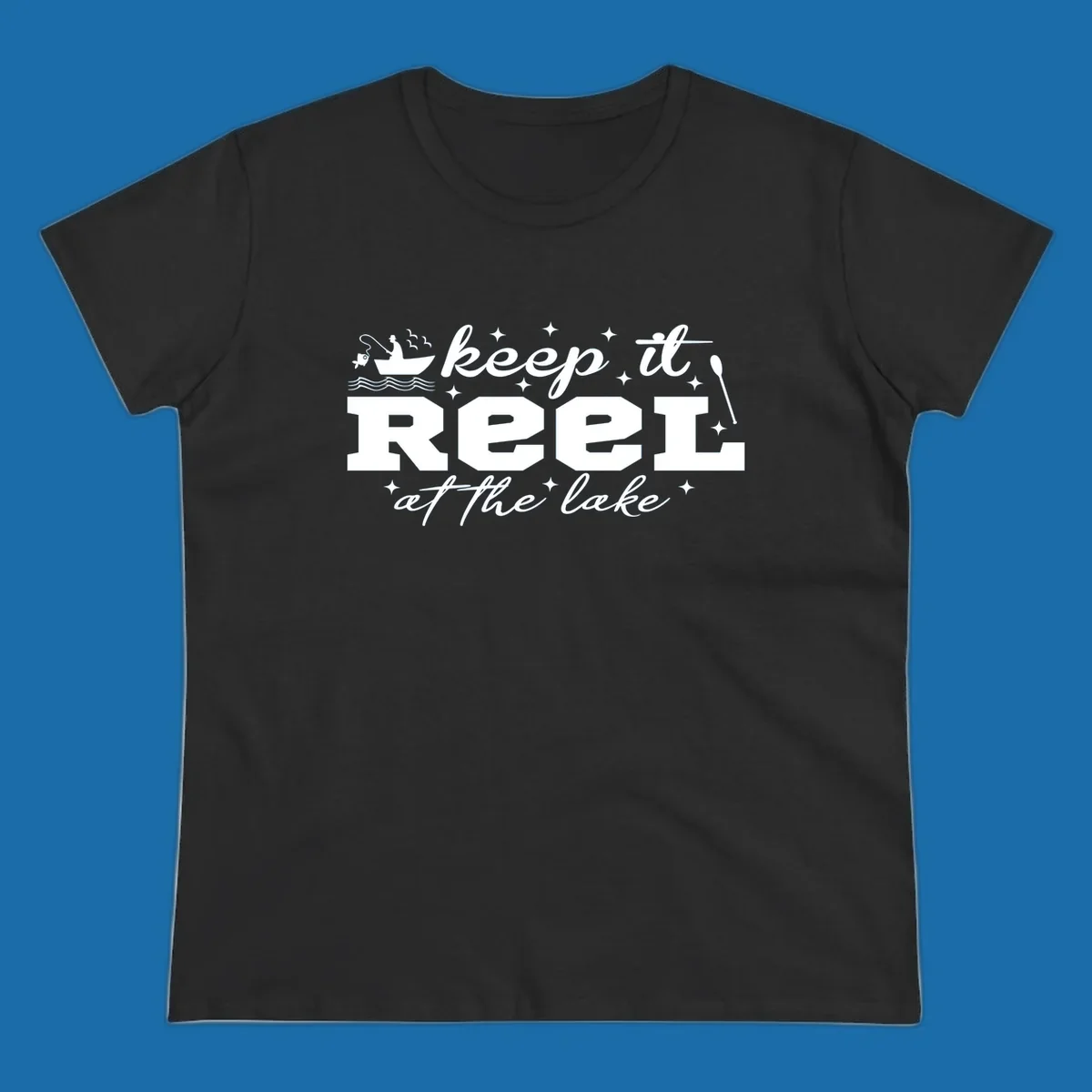 Keep it reel at the lake fishing design with boat and fisherman