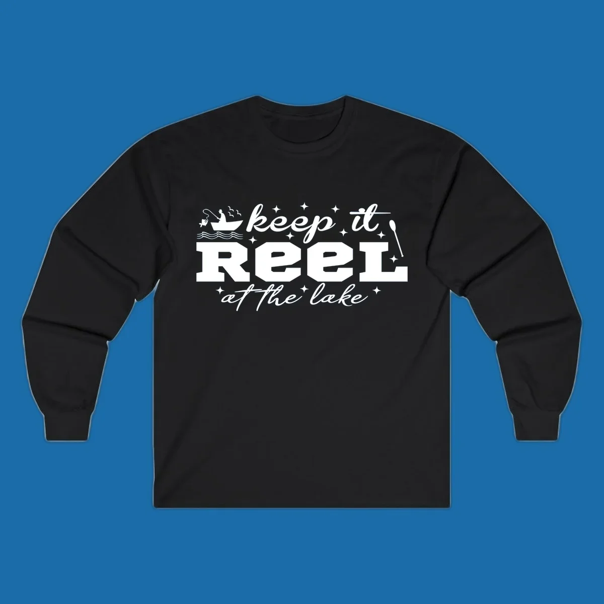 Keep it reel at the lake fishing design with boat and fisherman