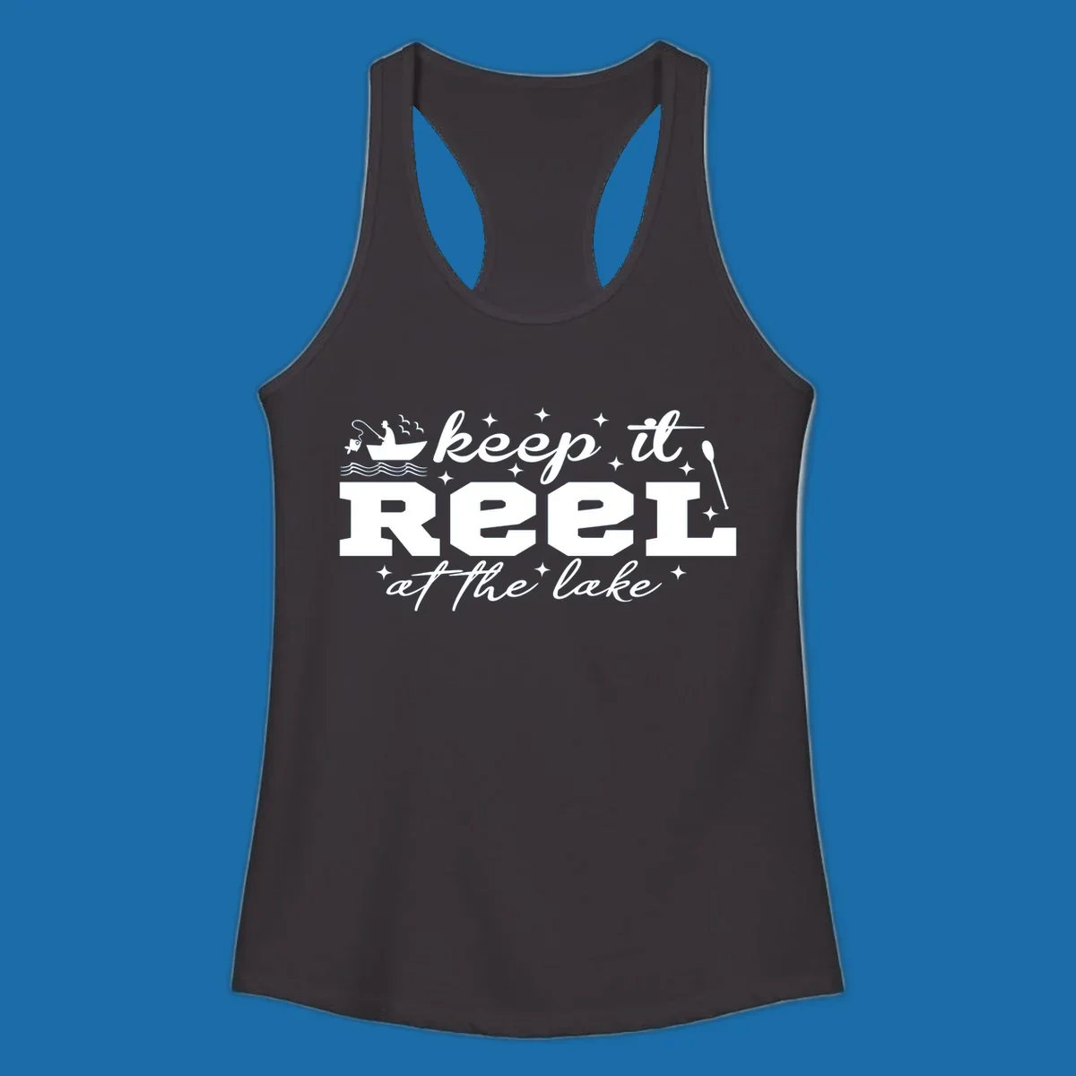 Keep it reel at the lake fishing design with boat and fisherman