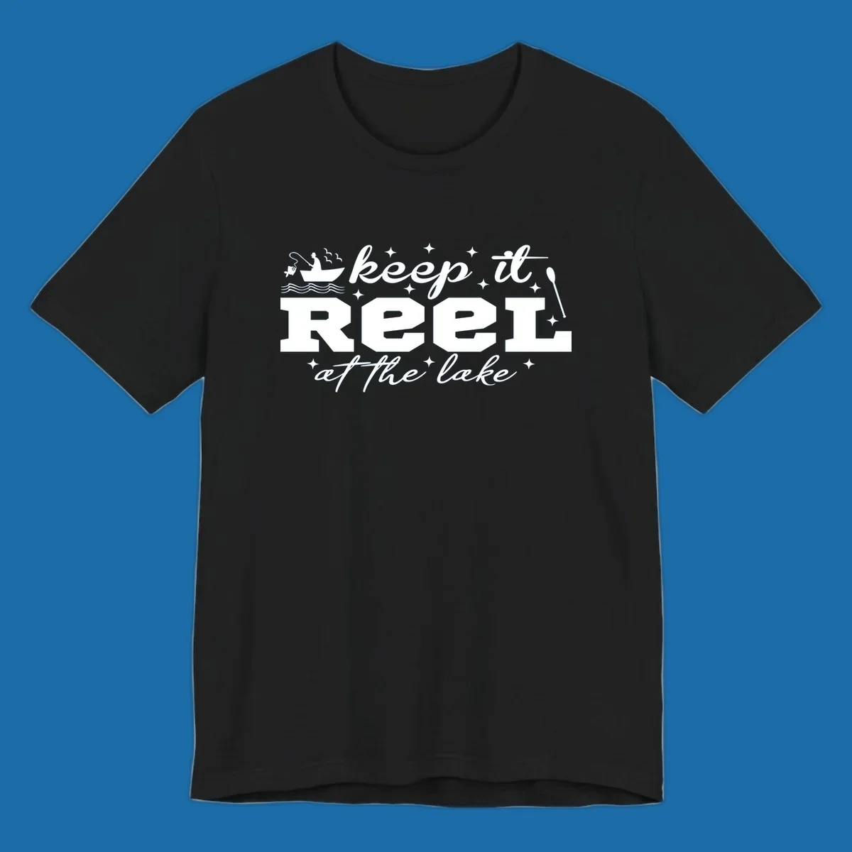 Keep it reel at the lake fishing design with boat and fisherman