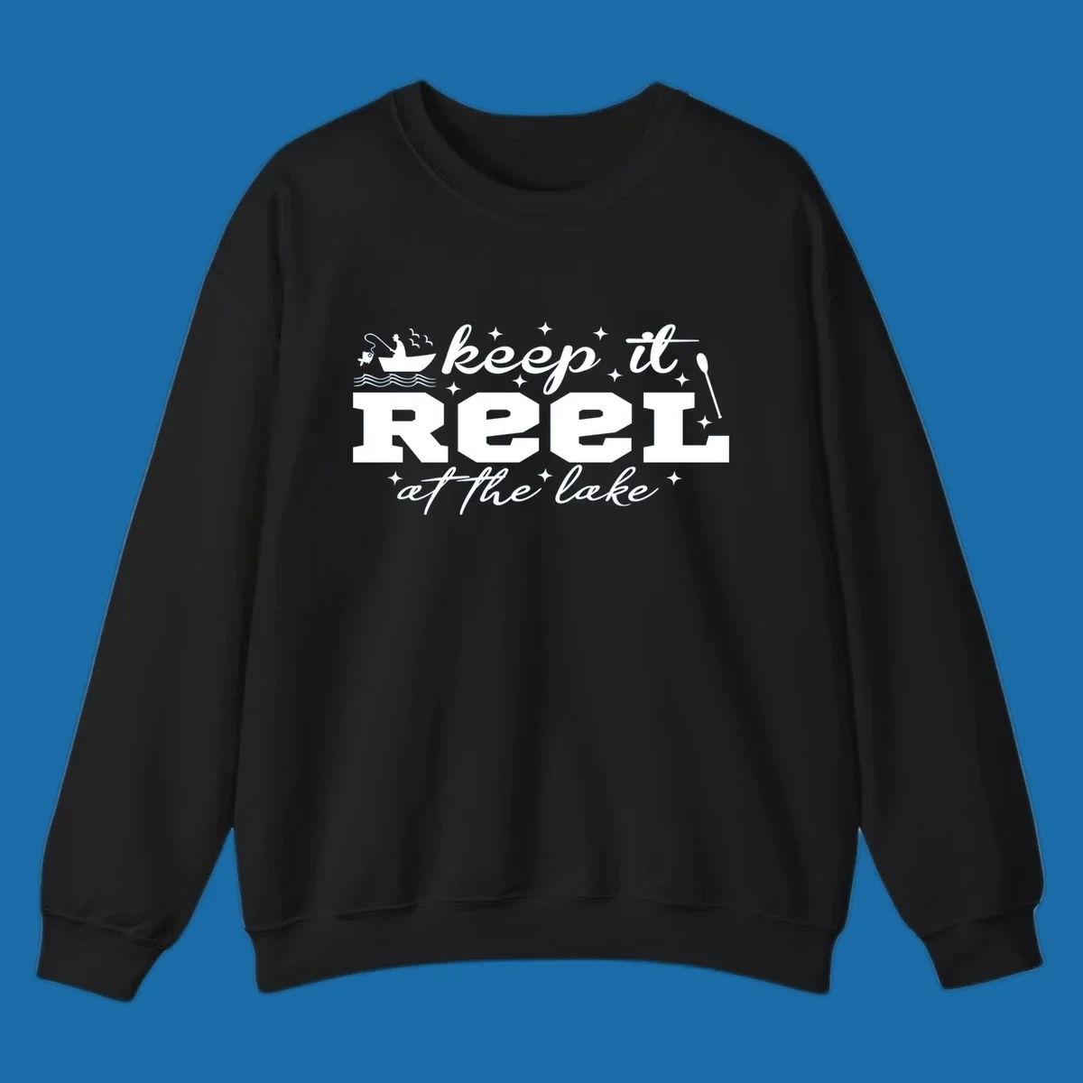Keep it reel at the lake fishing design with boat and fisherman