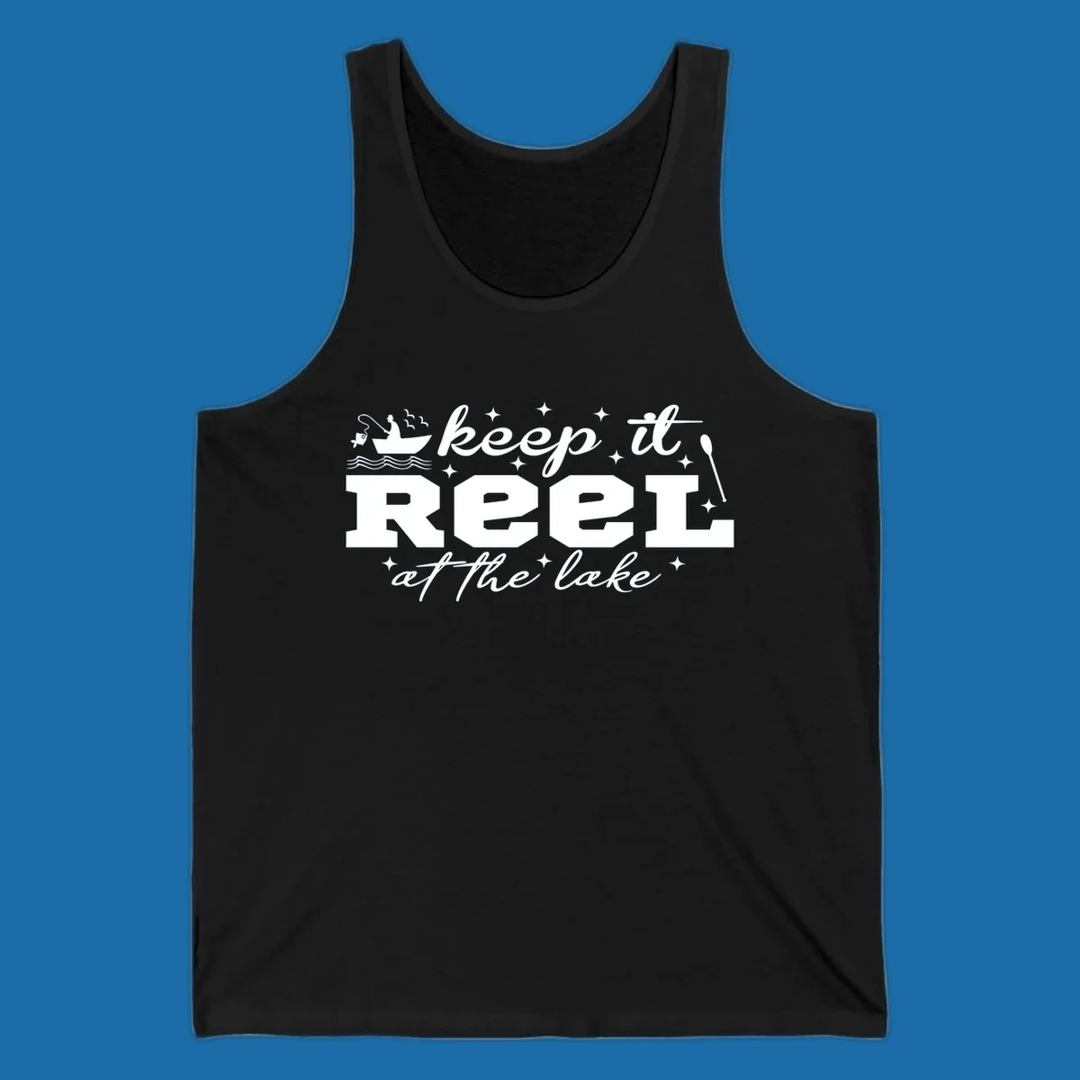 Keep it reel at the lake fishing design with boat and fisherman