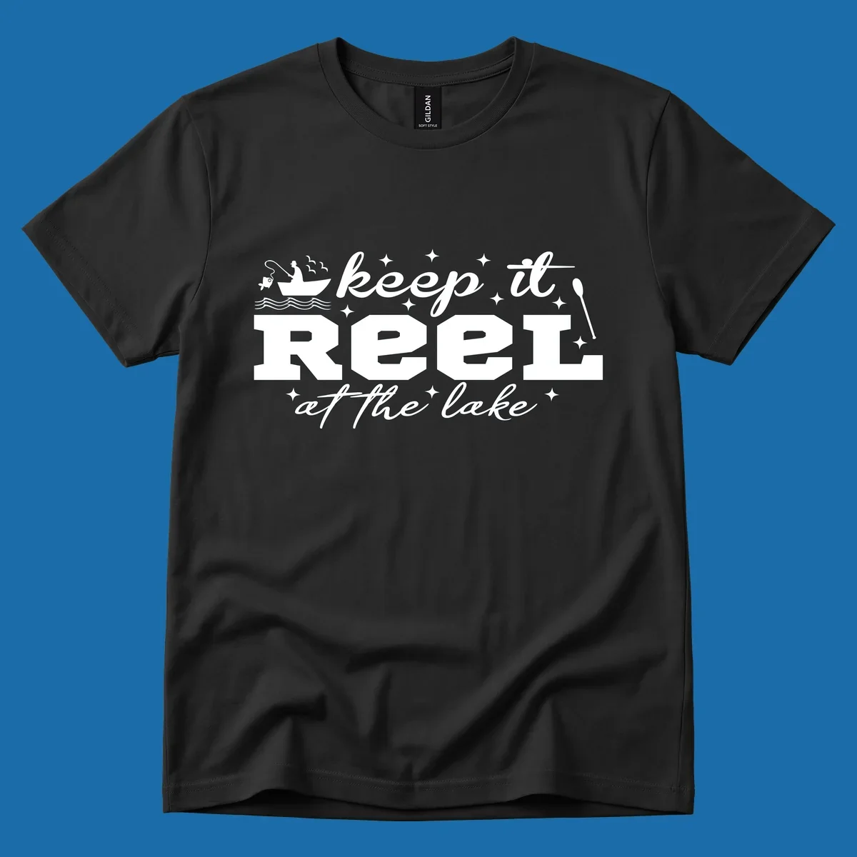 Keep it reel at the lake fishing design with boat and fisherman