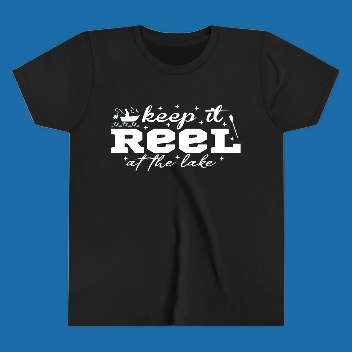 Keep it reel at the lake fishing design with boat and fisherman