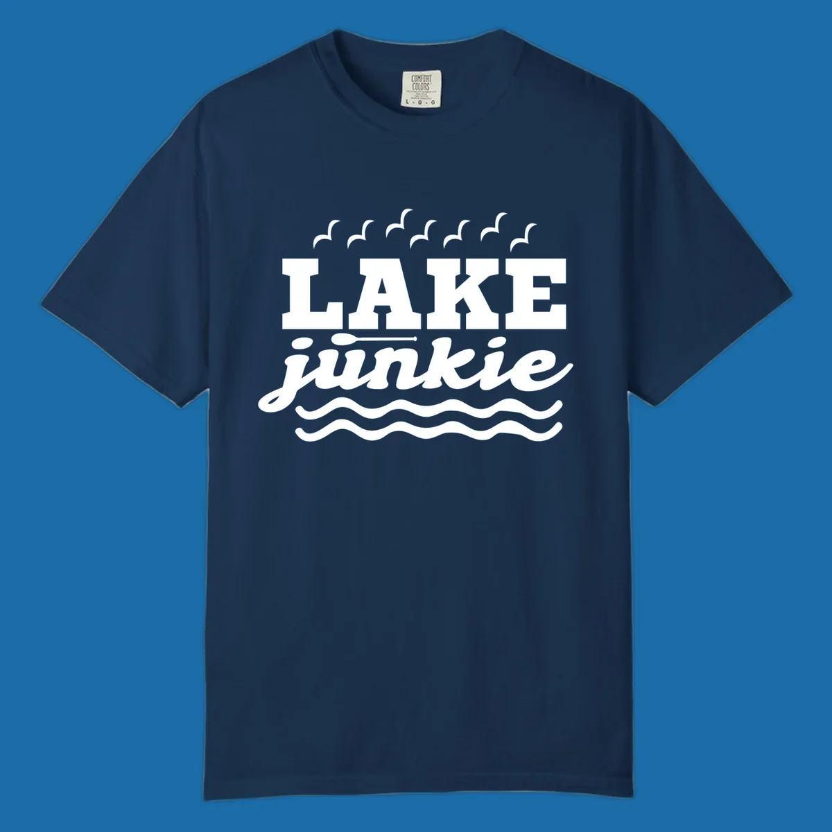 Lake Junkie design with text, paddle, birds, and waves.
