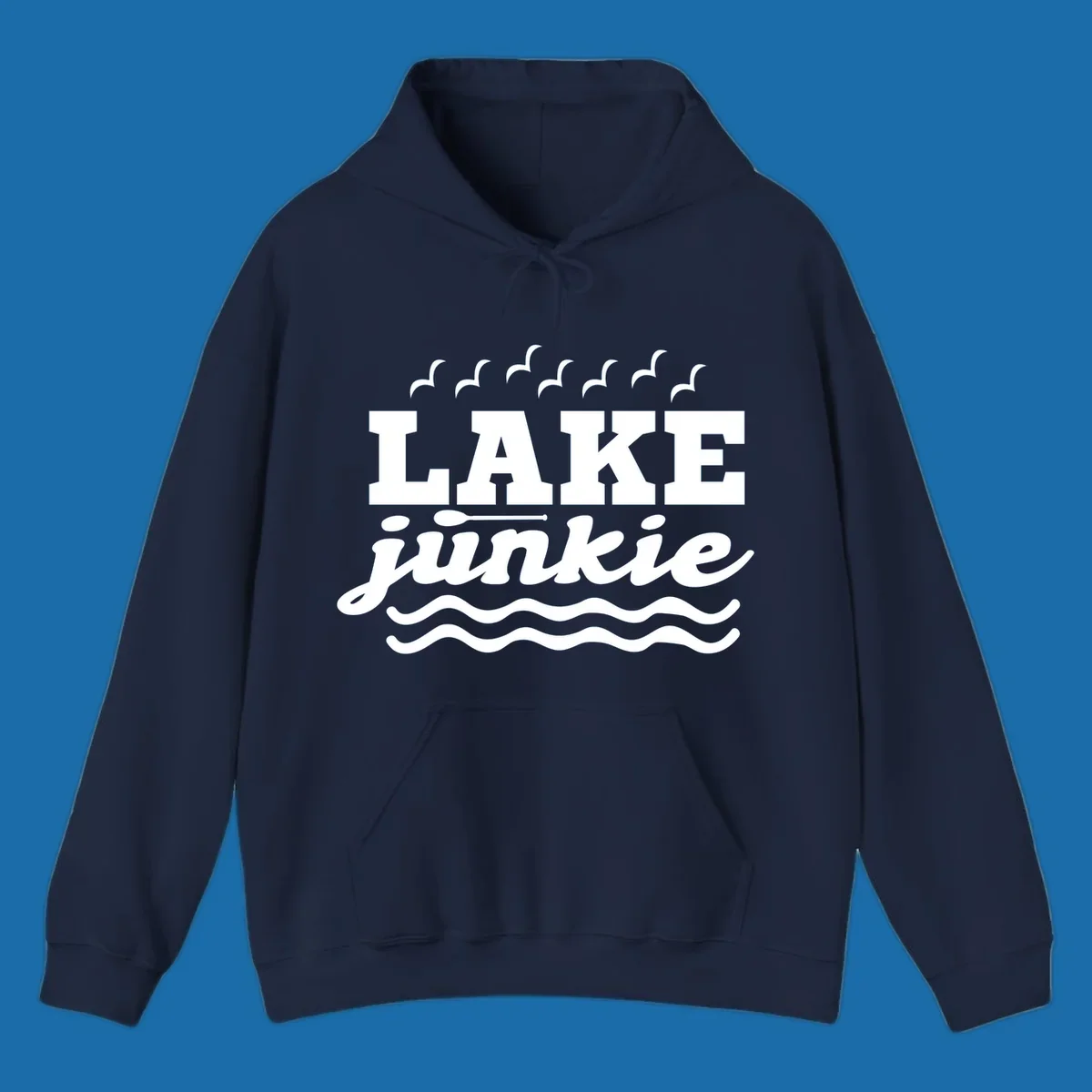 Lake Junkie design with text, paddle, birds, and waves.