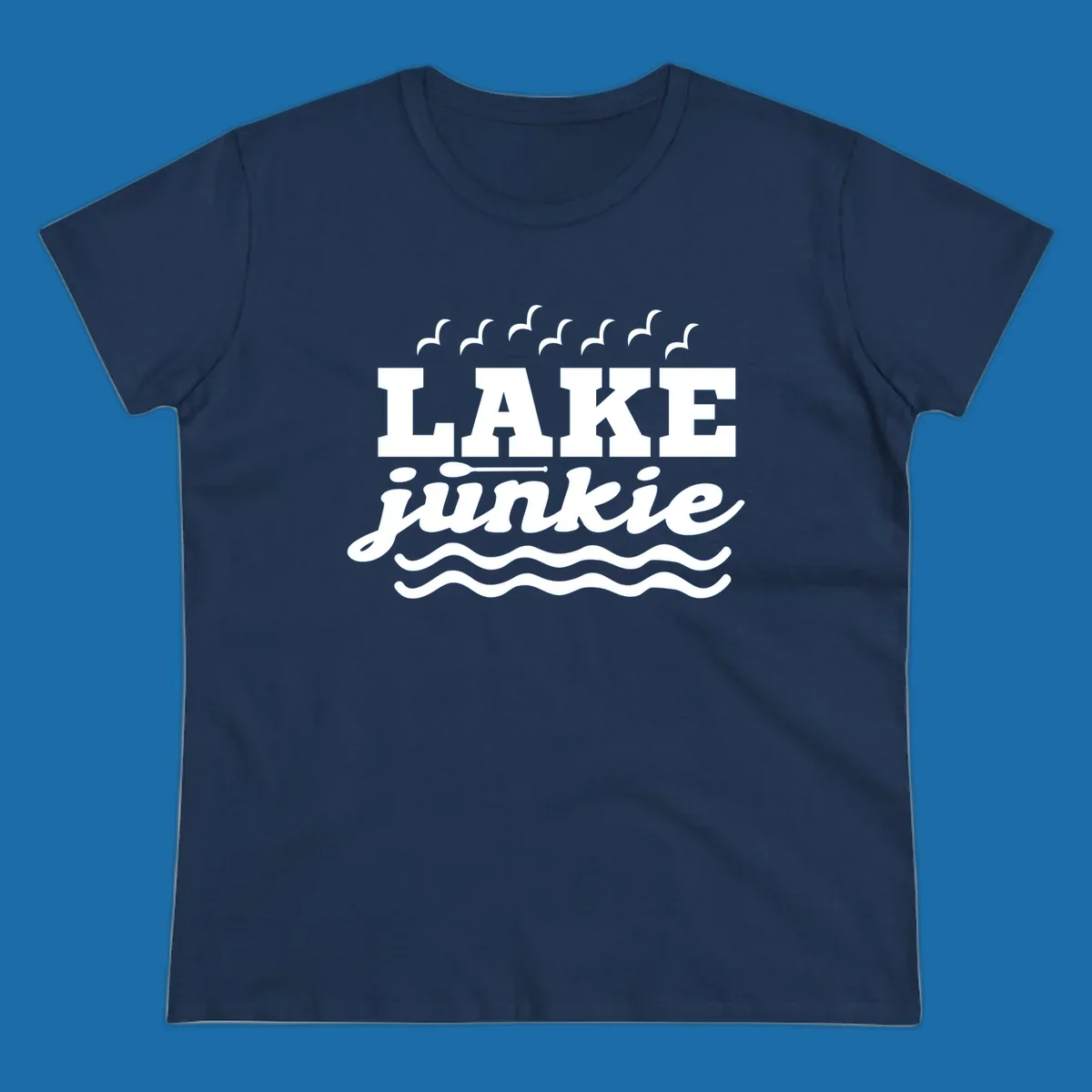 Lake Junkie design with text, paddle, birds, and waves.