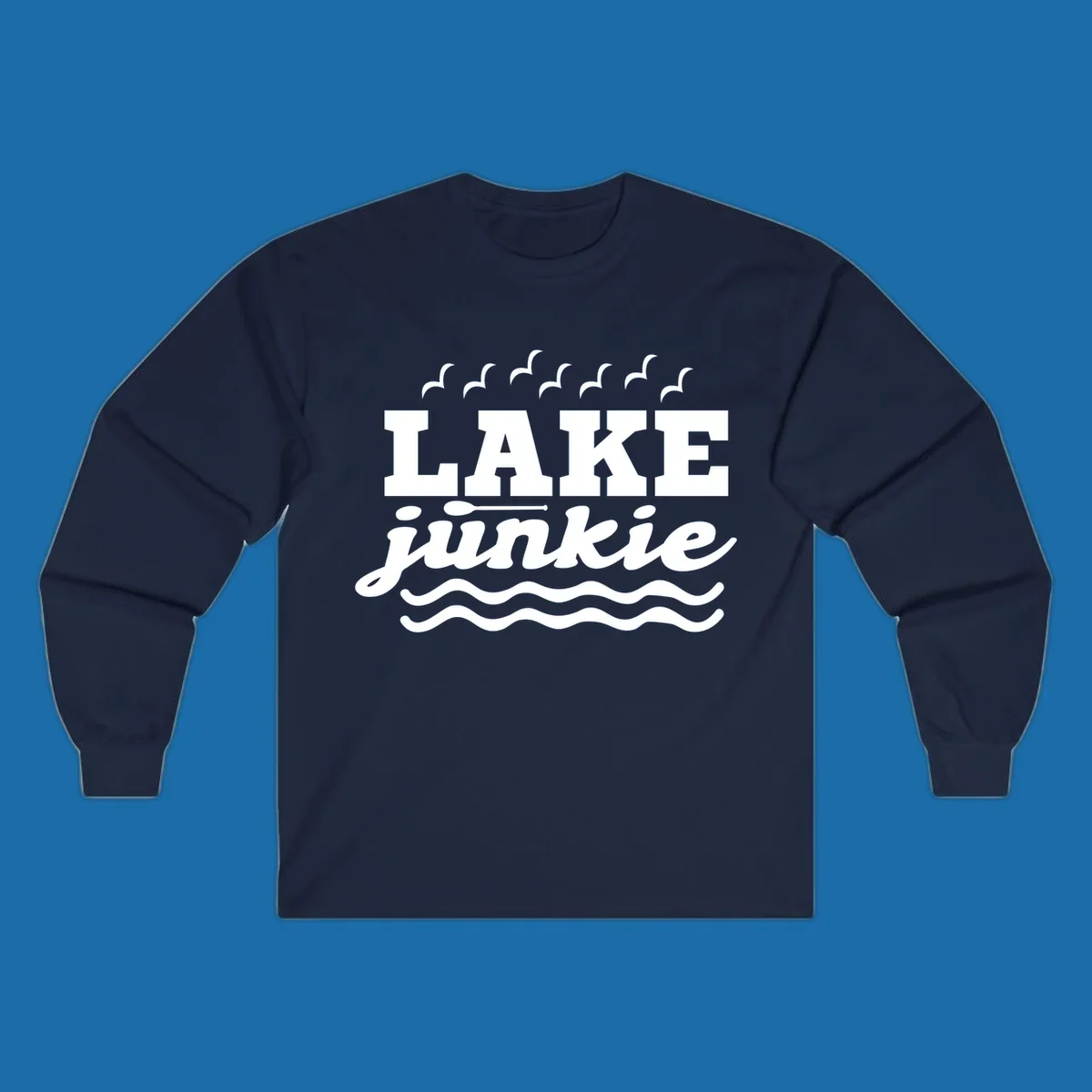 Lake Junkie design with text, paddle, birds, and waves.
