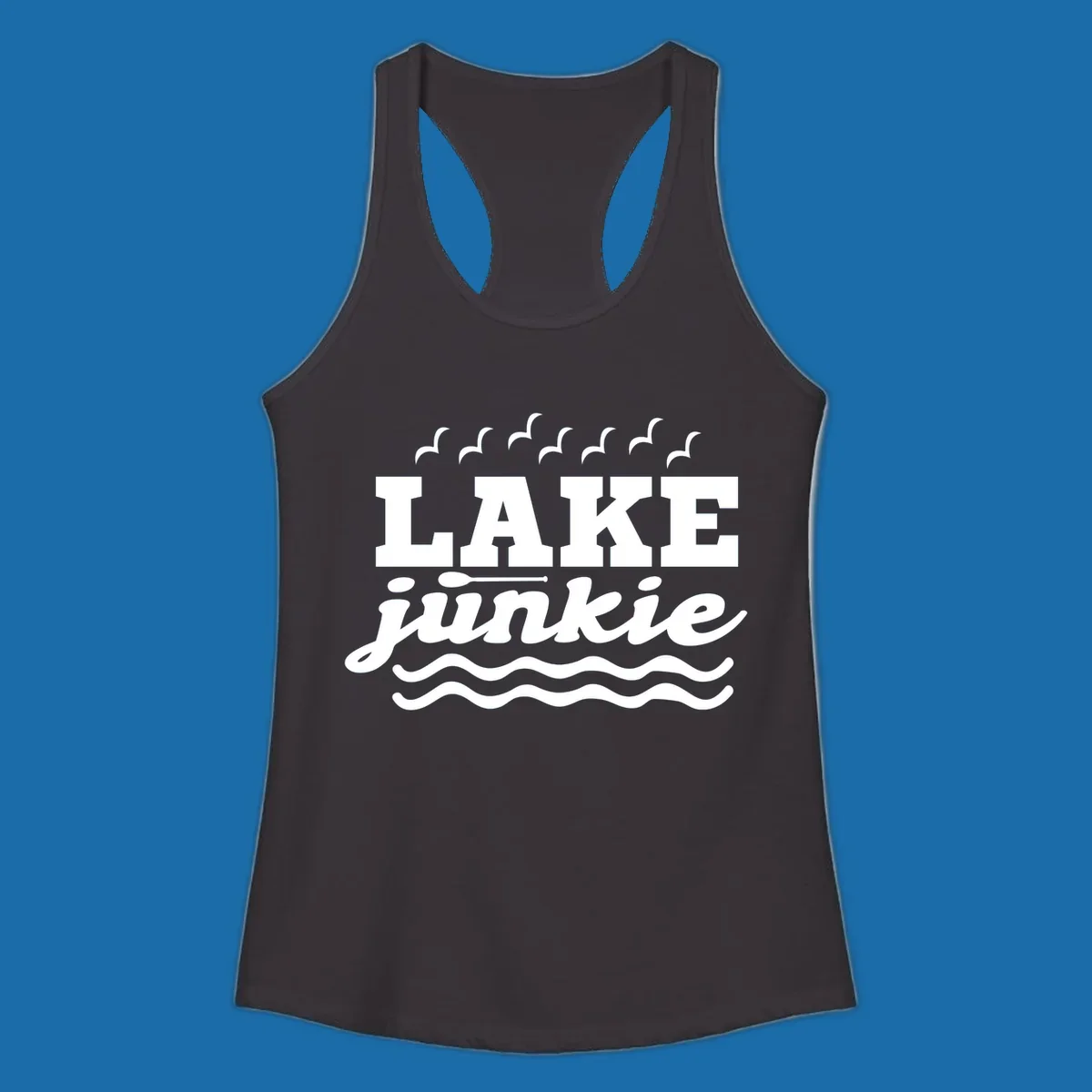 Lake Junkie design with text, paddle, birds, and waves.