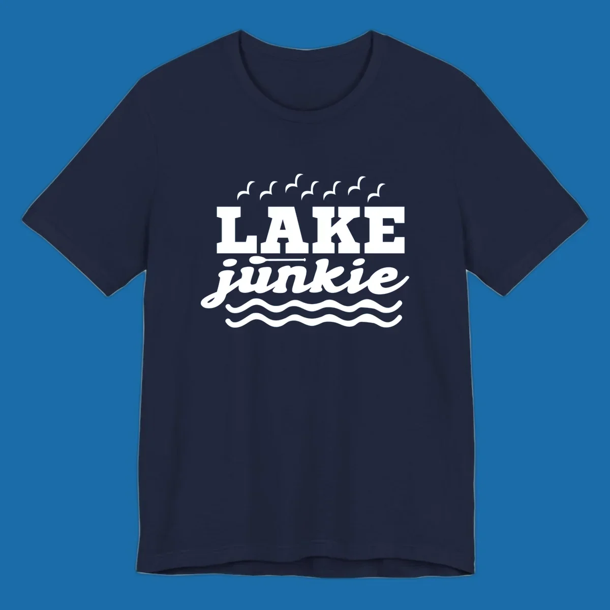 Lake Junkie design with text, paddle, birds, and waves.