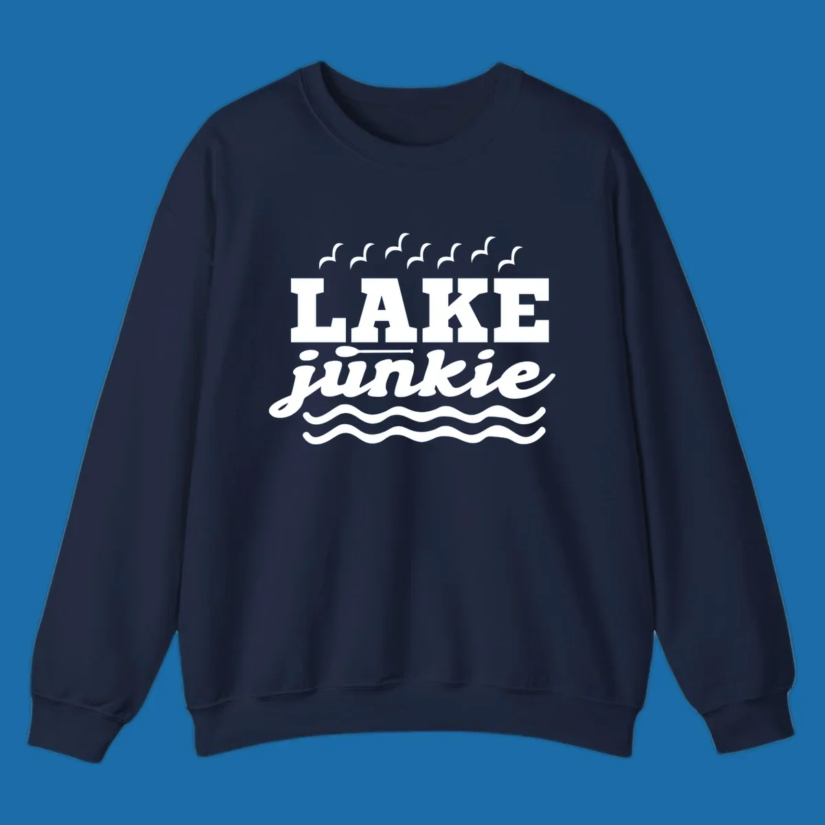 Lake Junkie design with text, paddle, birds, and waves.
