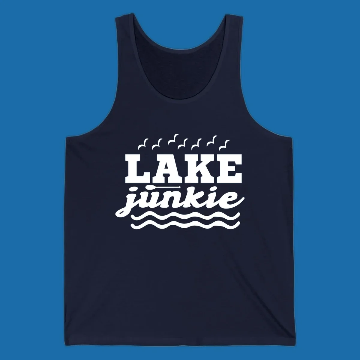 Lake Junkie design with text, paddle, birds, and waves.