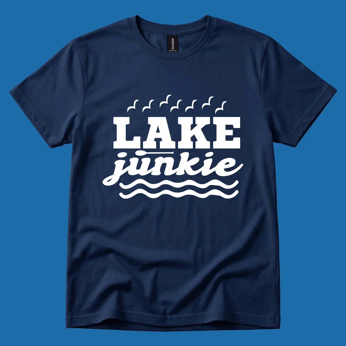 Lake Junkie design with text, paddle, birds, and waves.