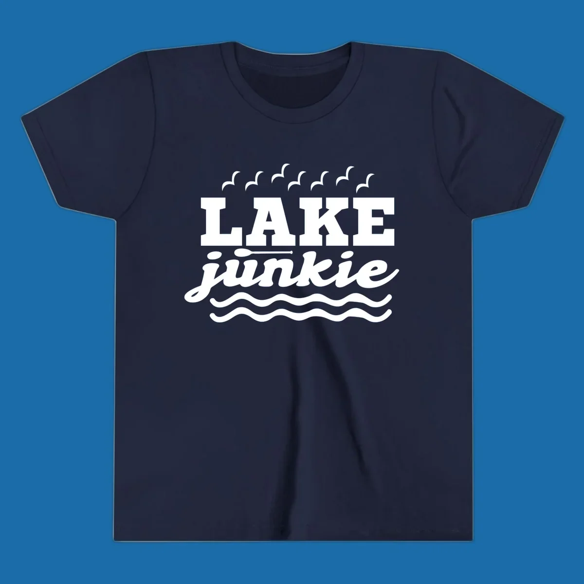 Lake Junkie design with text, paddle, birds, and waves.