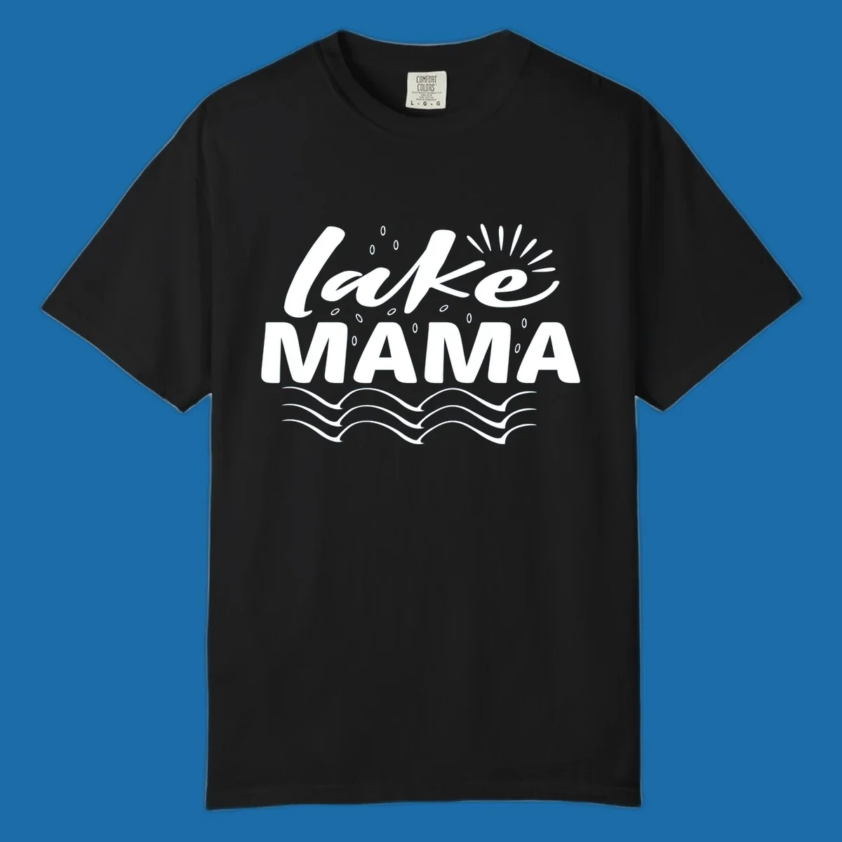 Lake Mama design with script text and wave graphics