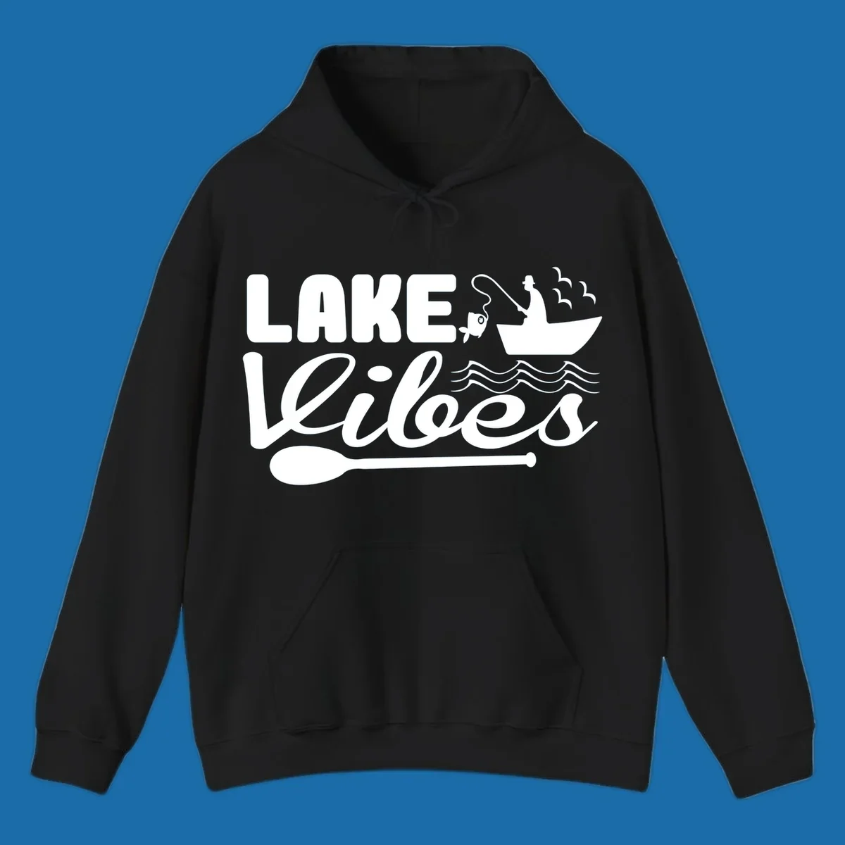 Lake Vibes fishing graphic with fisherman, boat, fish, and oar.