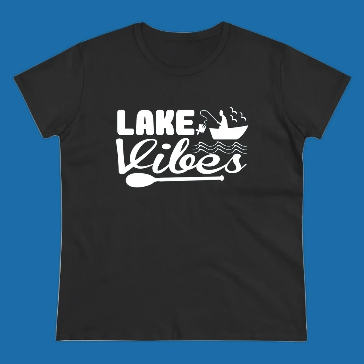 Lake Vibes fishing graphic with fisherman, boat, fish, and oar.