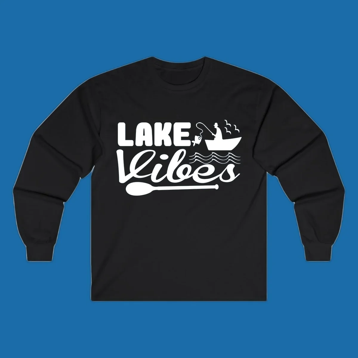 Lake Vibes fishing graphic with fisherman, boat, fish, and oar.