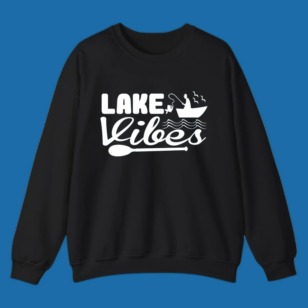 Lake Vibes fishing graphic with fisherman, boat, fish, and oar.