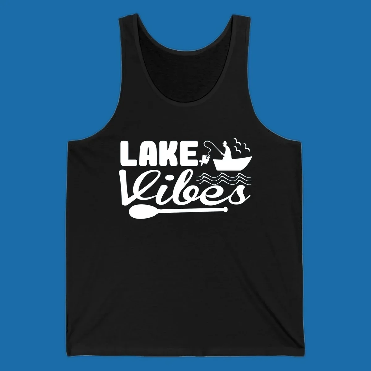 Lake Vibes fishing graphic with fisherman, boat, fish, and oar.