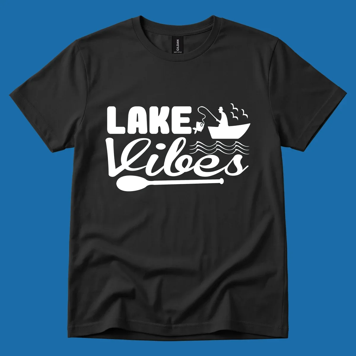 Lake Vibes fishing graphic with fisherman, boat, fish, and oar.