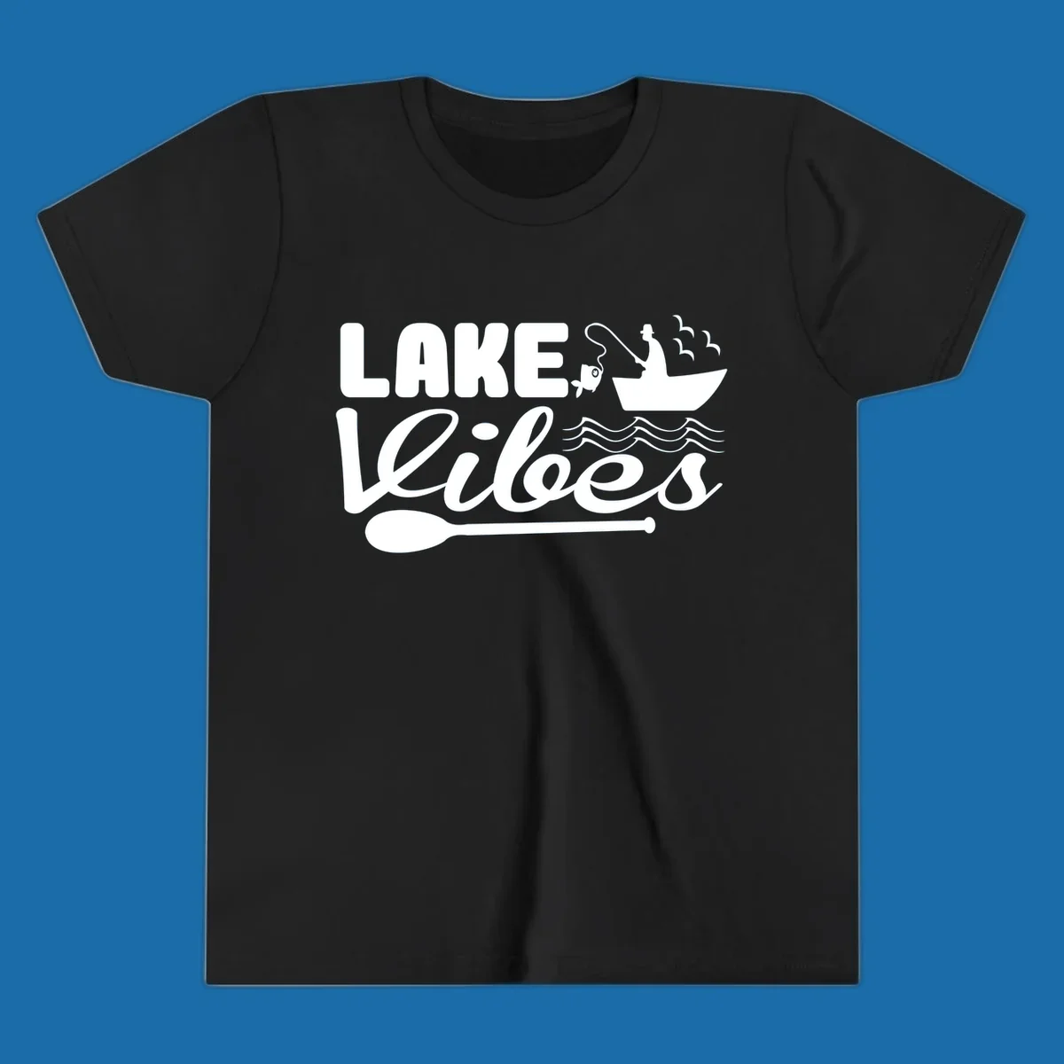 Lake Vibes fishing graphic with fisherman, boat, fish, and oar.