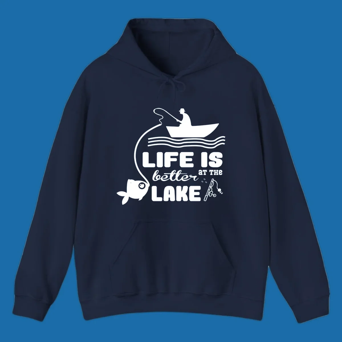 Illustration of a fisherman in a boat with a fish on the line, with text 'LIFE IS better AT THE LAKE'.