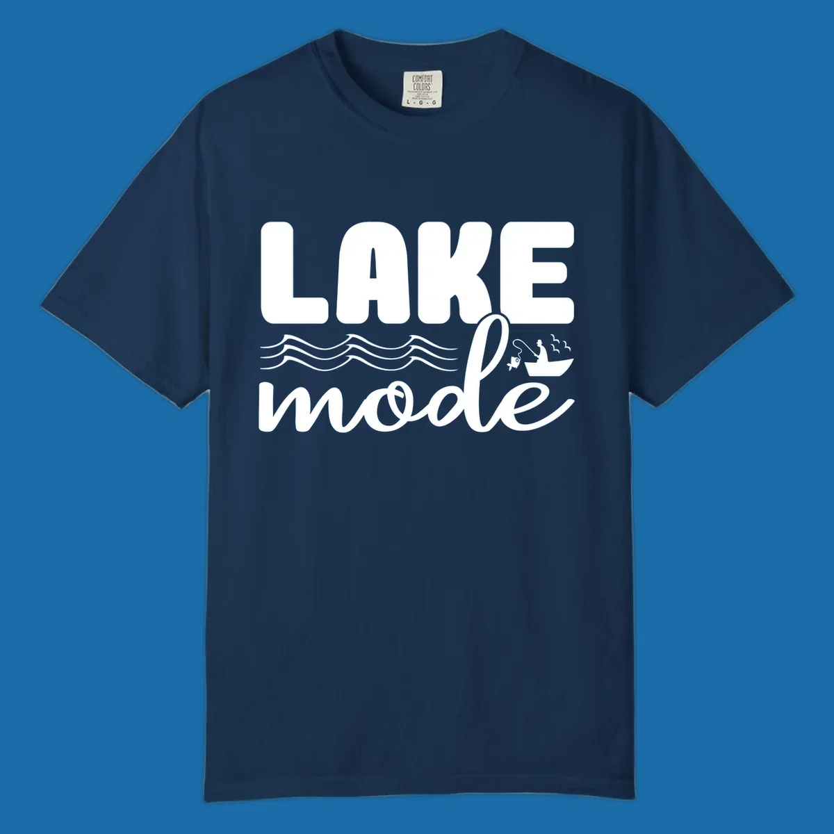 Lake Mode fishing typography design with waves and boat.