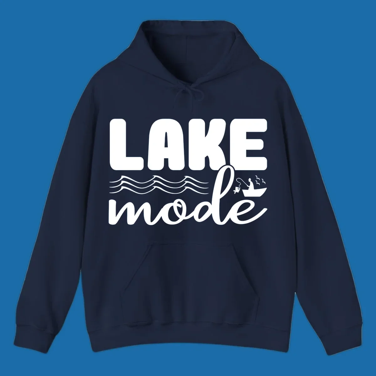 Lake Mode fishing typography design with waves and boat.