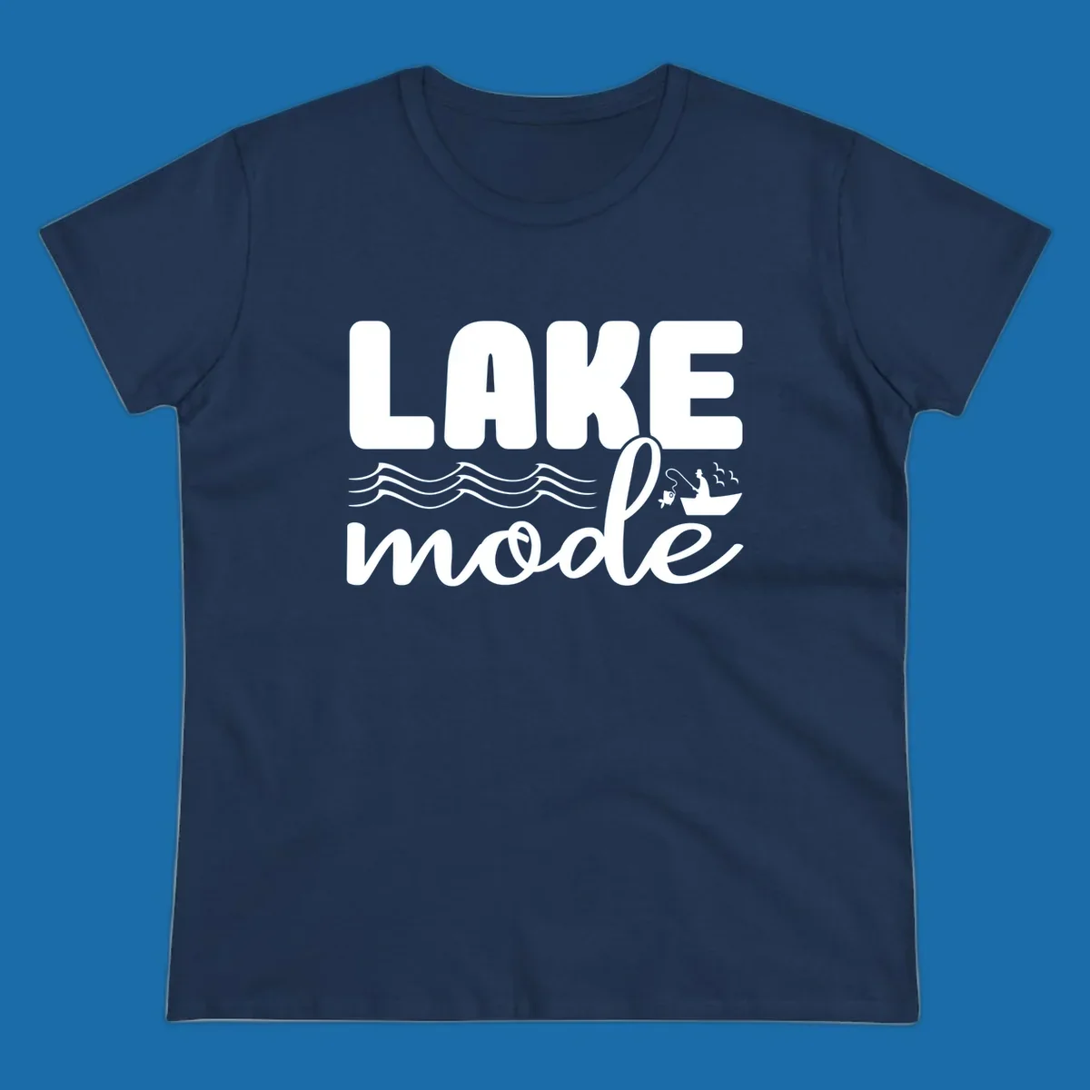 Lake Mode fishing typography design with waves and boat.