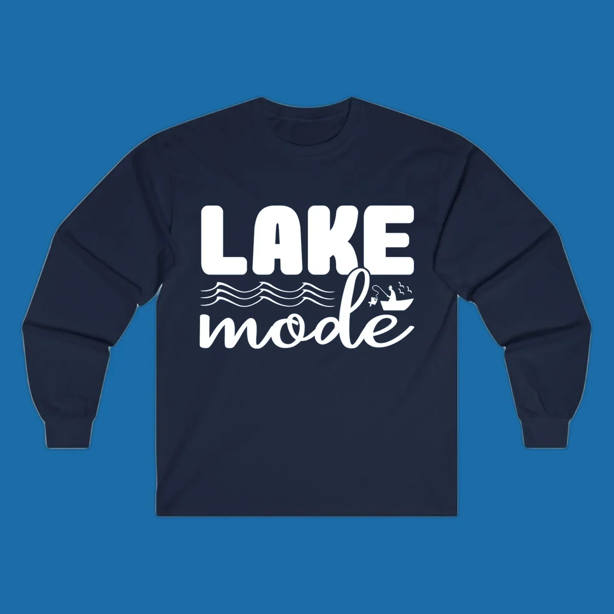 Lake Mode fishing typography design with waves and boat.