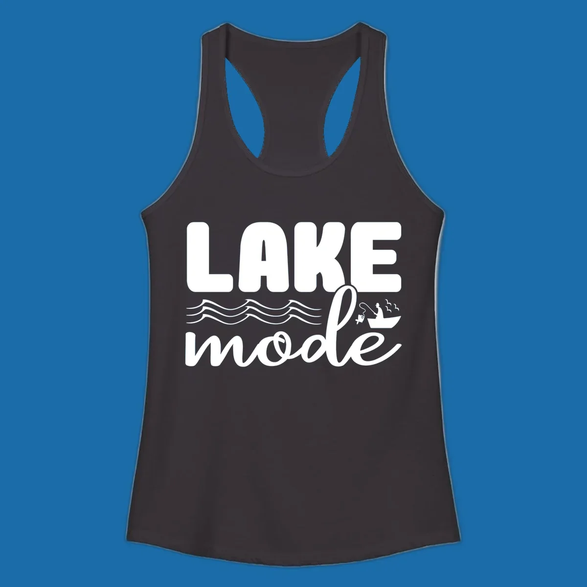 Lake Mode fishing typography design with waves and boat.