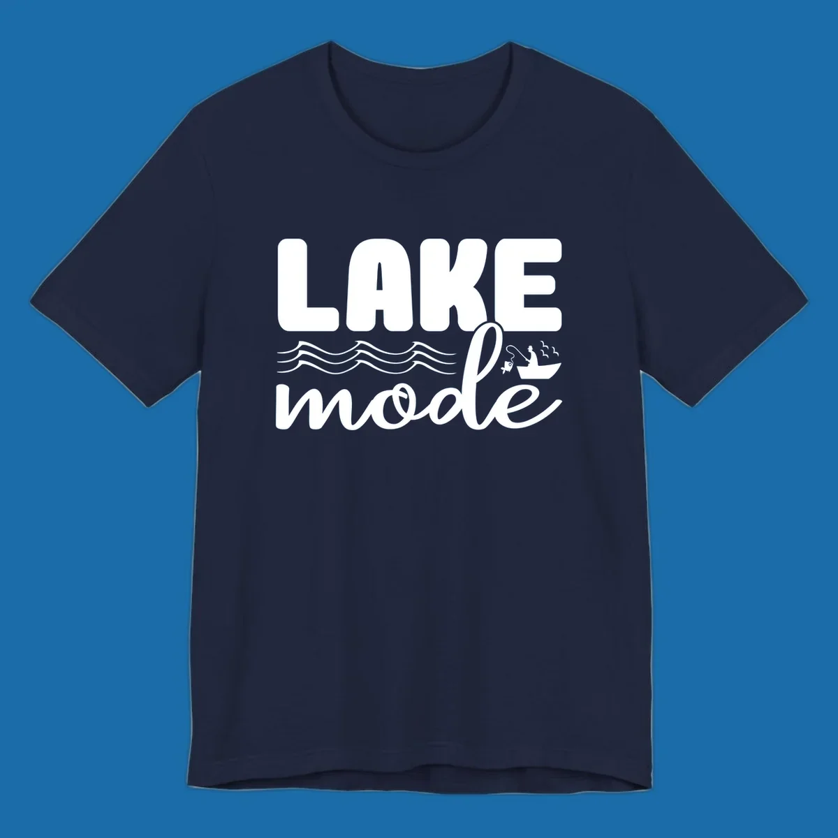Lake Mode fishing typography design with waves and boat.