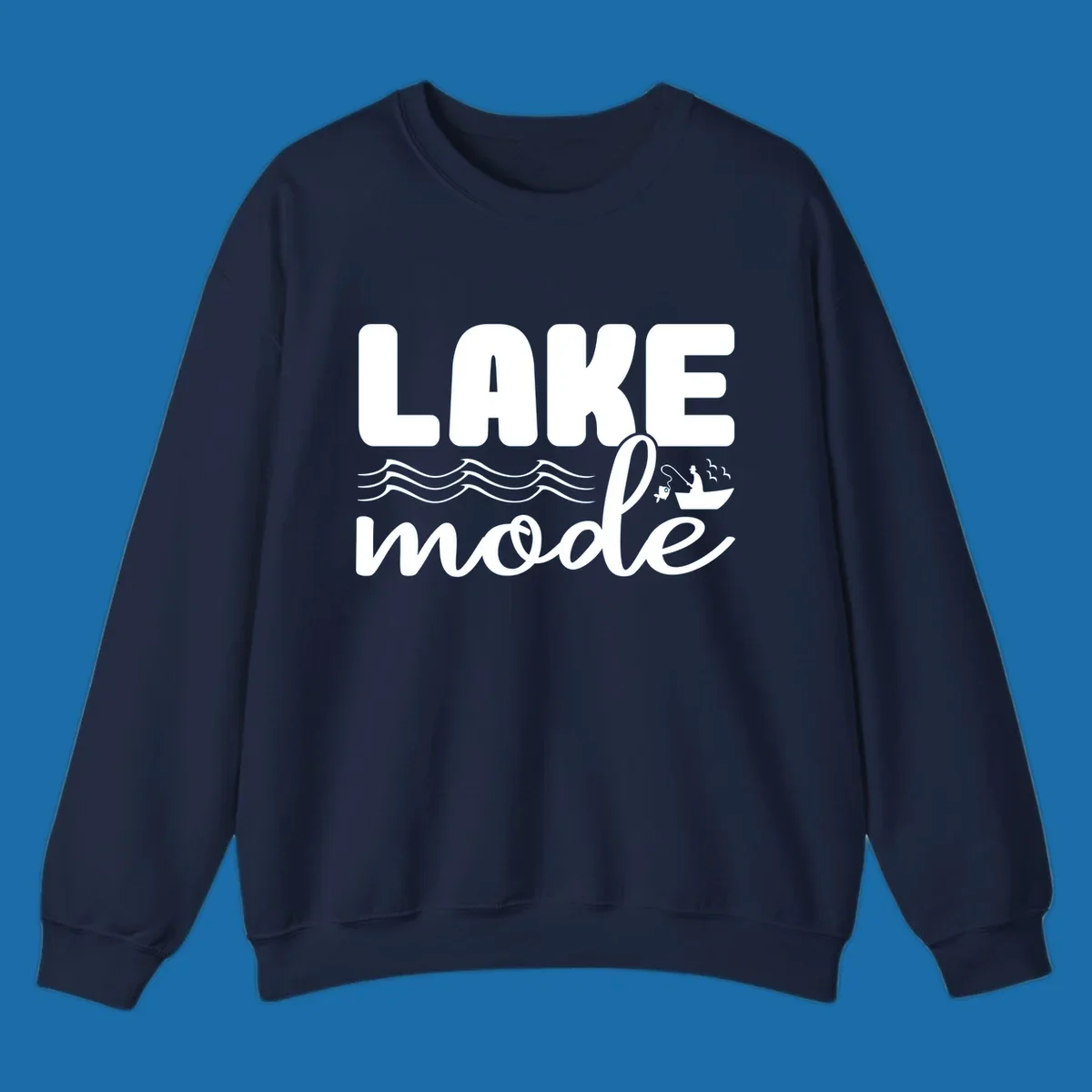 Lake Mode fishing typography design with waves and boat.