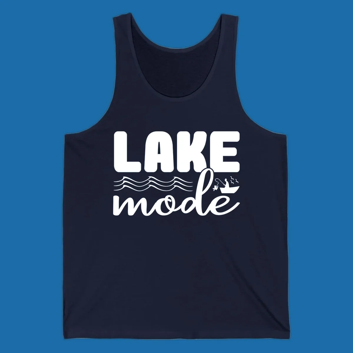 Lake Mode fishing typography design with waves and boat.