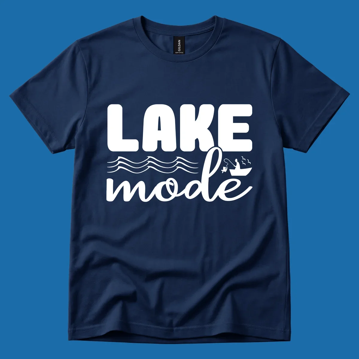 Lake Mode fishing typography design with waves and boat.