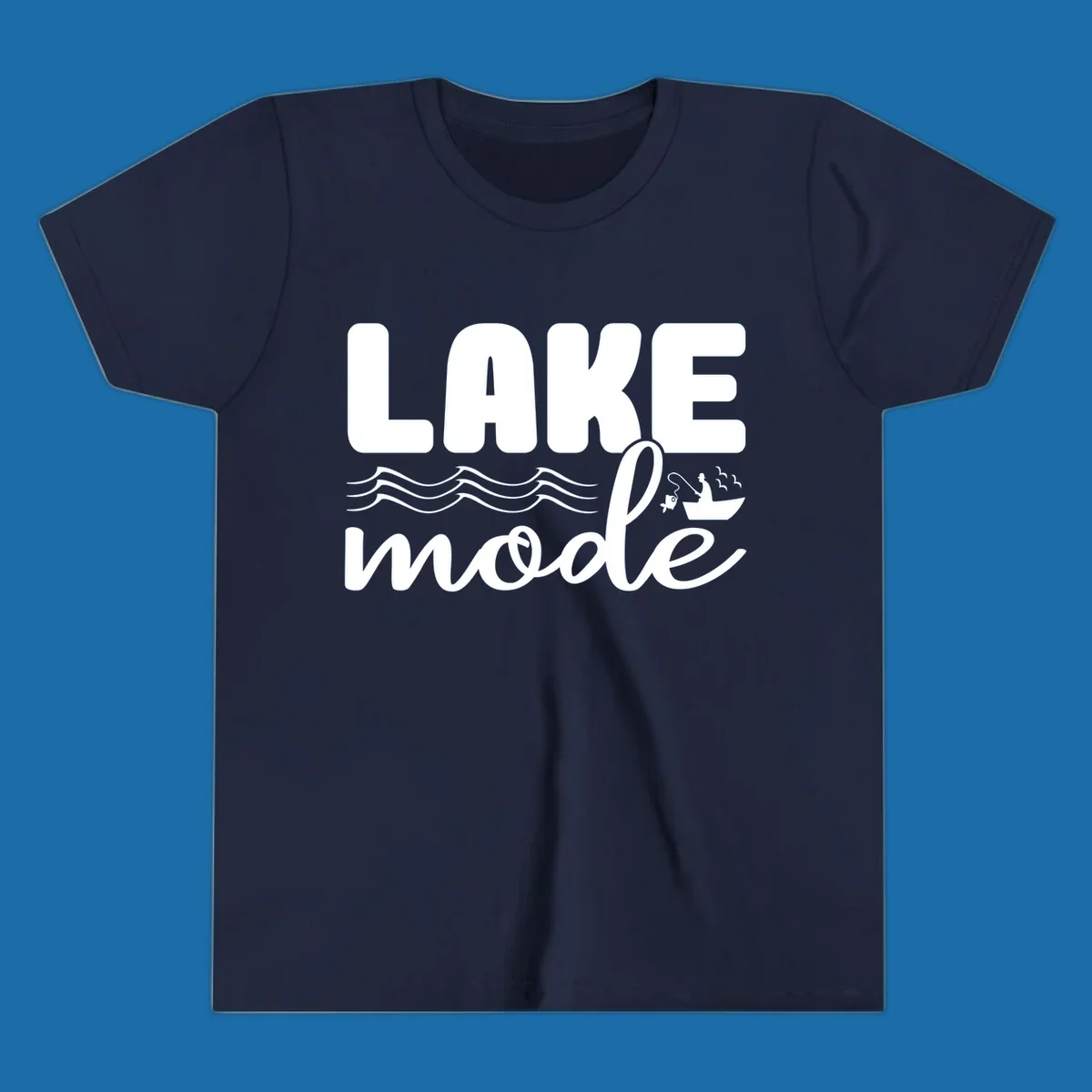 Lake Mode fishing typography design with waves and boat.